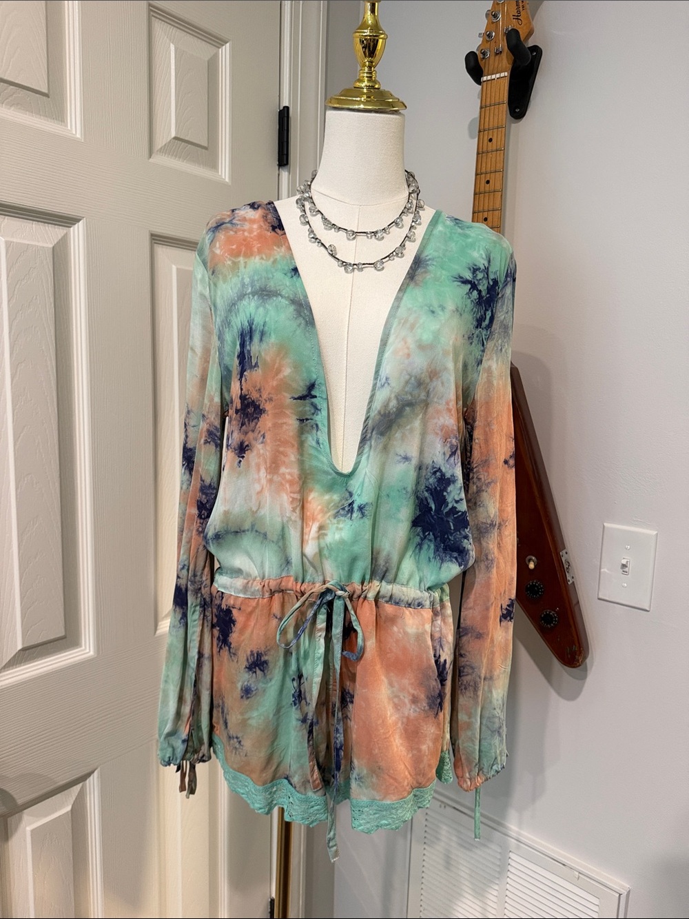 mahina Tie-Dye Deep V Swim Coverup Tunic in Mint, Coral & Navy